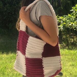 Handmade Burgundy and White Crochet Tote Bag